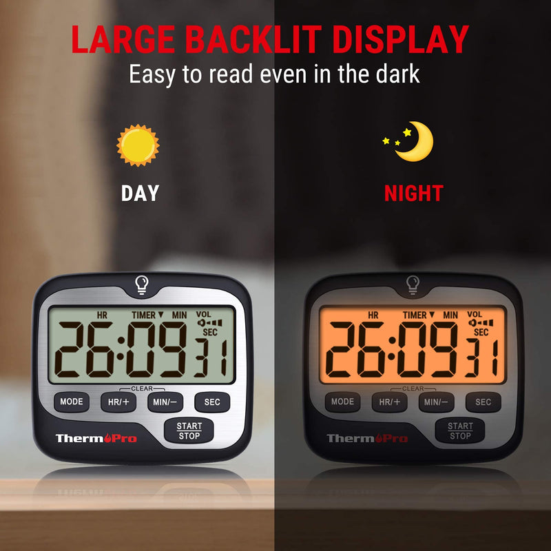 ThermoPro TM01(2 Pack) Kitchen Timers for Cooking with Count Up Countdown Timer, Digital Timer for Kids with Touch Backlit, Study Timers for Classroom Teacher Supplies Silver 2 pack