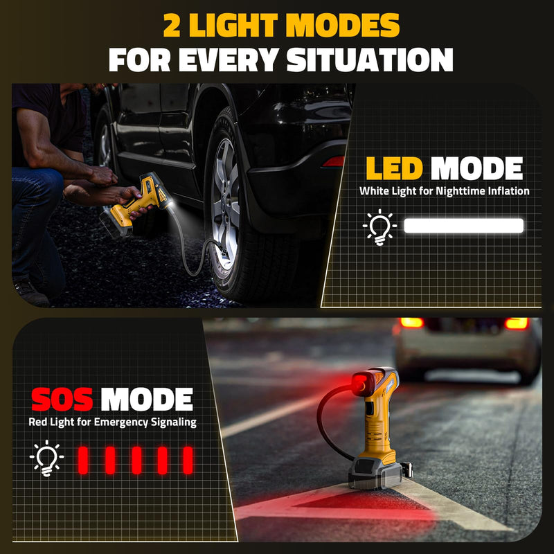 150PSI Tire Inflator Portable Air Compressor: Cordless Air Pump Compatible with Dewalt 20V Battery - Car Tire Pump with Digital Pressure Gauge & LED Light for Auto, Motorcycles(Bare Tool) 150 PSI Yellow- Compatible With Dewalt 20v(baretool)