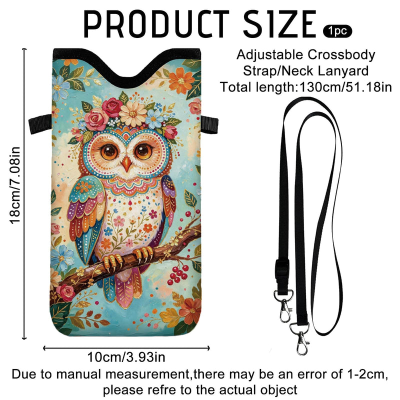 GLOBLELAND Owl Cell Phone Sleeve Pouch Case Bag 7.1×3.9 inch Flowers Leaves Shockproof Universal Phone Bag with Crossbody Strap Neck Lanyard for Women Men Phone Headphones Watch