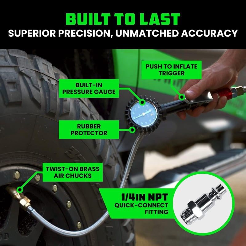Rhino USA Tire Pressure Gauge with Inflator (0-100 PSI) - Heavy Duty Air Chuck and Compressor Accessories with Stainless Braided Hose, Large Analog Dial and Solid Brass Hardware for Truck and RV 100psi Analog