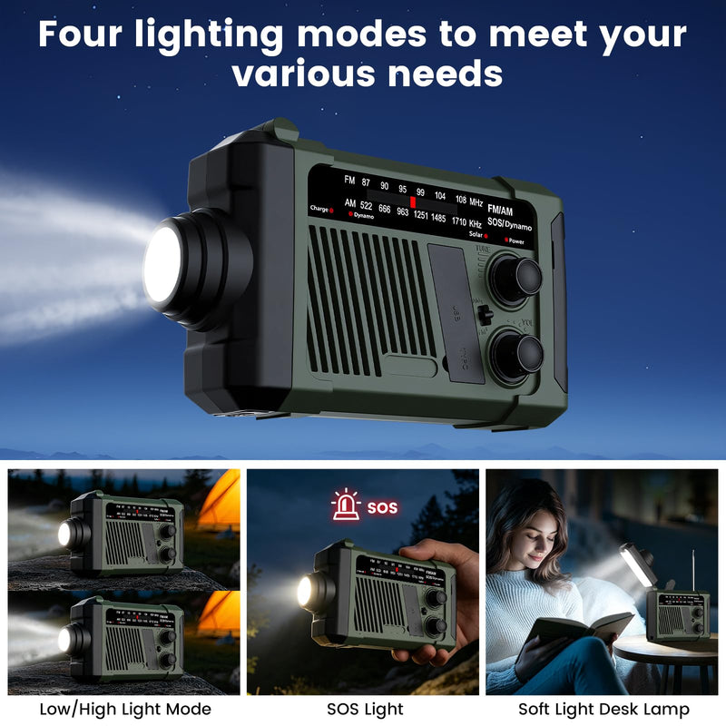Weather Radios Alerts Portable AM FM, Emergency Outdoor Radio Solar/Hand Crank/USB Charging,Battery Operated,SOS Alarm/Flashlight/LED Radio