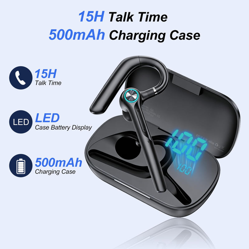 ONE LIFE Bluetooth Headset with Microphone, Bluetooth Earpiece for Work, Wireless Headset with Mic, 15H Talk Time, 500mAh Charging Case, Bluetooth 5.3, LED Display for Office, Laptop, Phone, Driving Black
