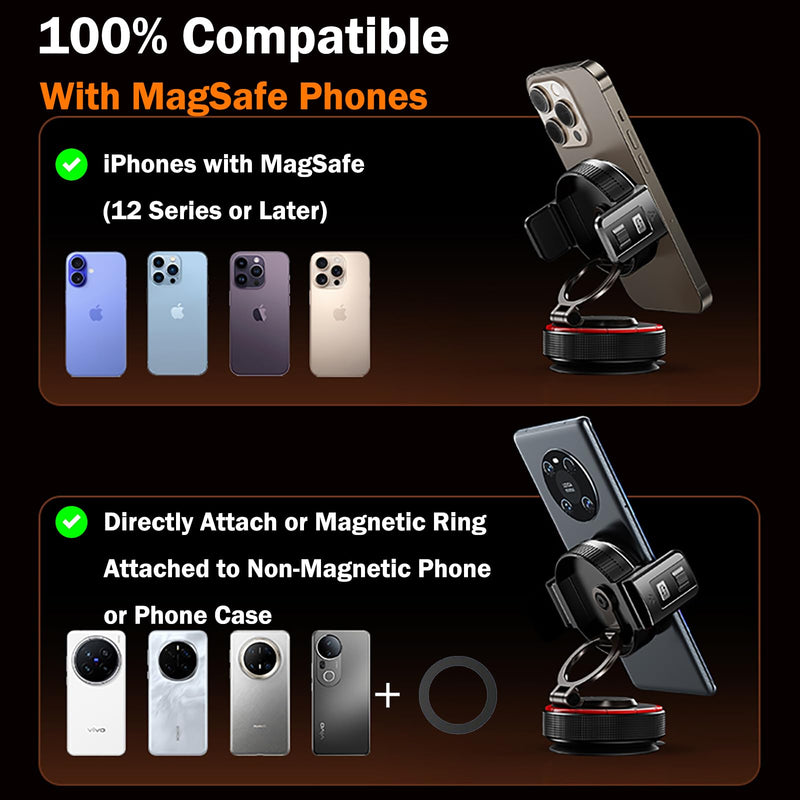 for Magsafe Car Mount, Magnetic Clip 2-in-1, Vacuum Gel Suction Cup | Steady Durable 360° Rotating Adjustable Heat & Cold Resistant Foldable for iPhone Android Kitchen Office Desktop Travel Black