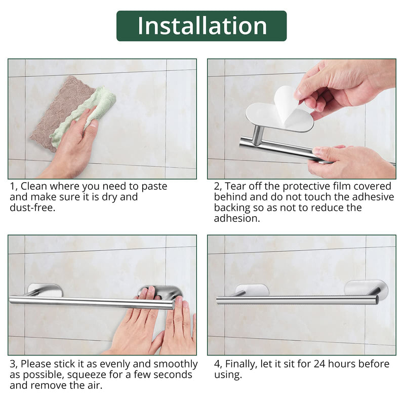 Self Adhesive Towel Bar, JiGiU Bathroom Hardware Set Include 16-Inch Bath Towel Bar,Toilet Paper Holder & 3 Packs Towel Hooks SUS304 Stainless Steel Wall Mount No Drill Sticky on Towel Holder Kit Silver