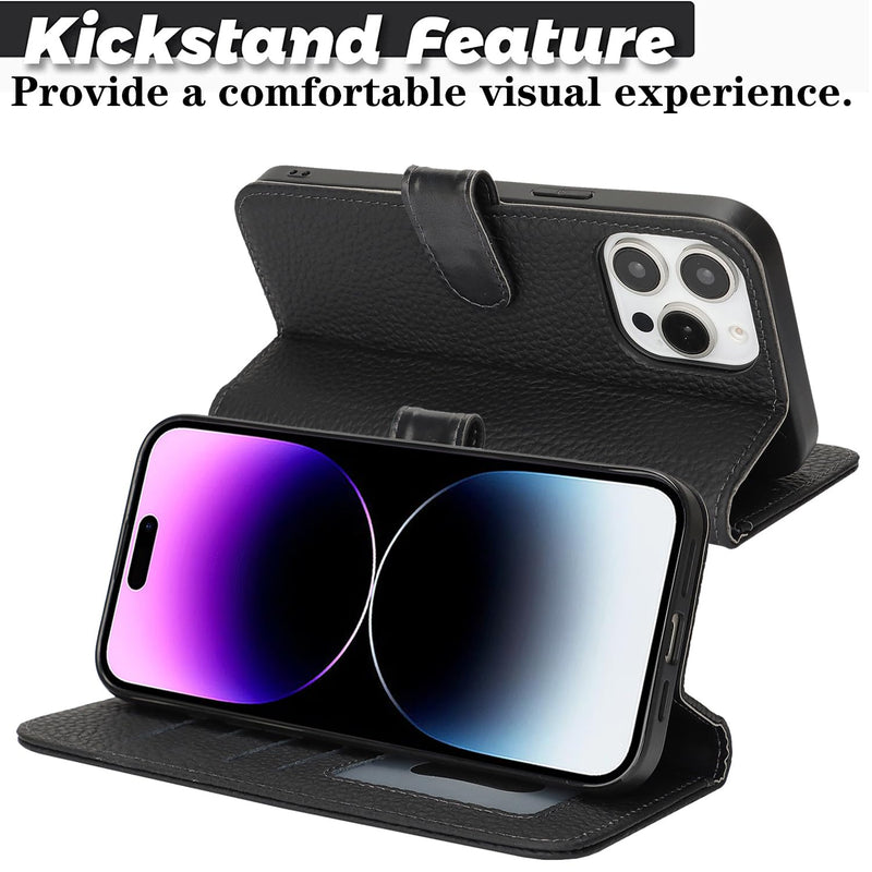 SailorTech Case for iPhone 14 Pro Max Genuine Leather with Wallet Card Slot, Flip Folio Book with Kickstand Magnetic Leather Protective Shockproof Phone Cover for iPhone 14 Pro Max Purse Case- Black lzwzpdg-Black