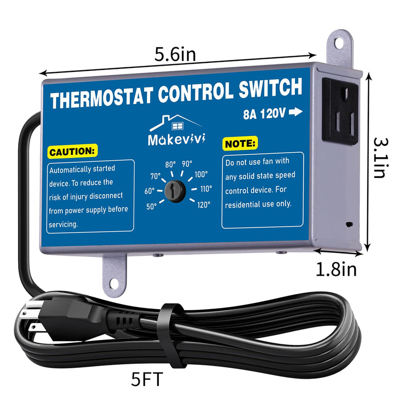 Attic Thermostat, Adjustable Temperature Controller for Attic Fan, with Overload Protection and Outlet, Plug-and-Play Exhaust Fan Thermostat for Greenhouse, Workshop, Garage 1 pack