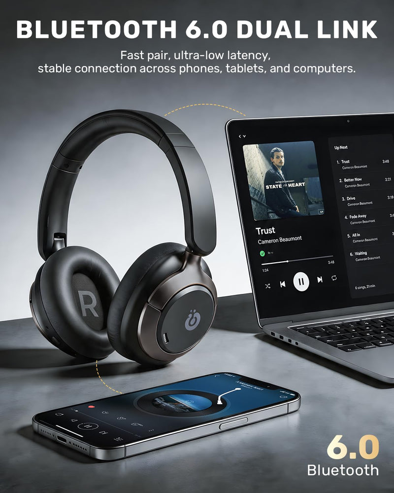 Boean Active Noise Cancelling Headphones, Bluetooth 6.0 Wireless Over Ear Headphones with 120H Playtime, 360° Spatial Audio & 5 ENC Mics, Soft Memory Foam, Transparency Mode for Office Travel Gaming Black