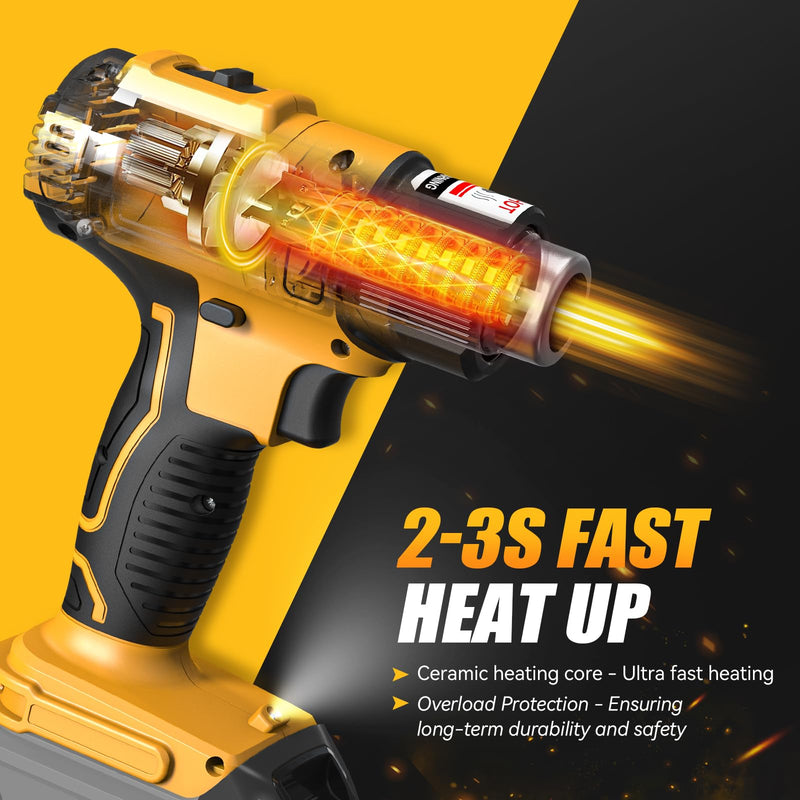 LIVOWALNY Cordless Heat Gun Compatible with Dewalt 20v Battery (Tool Only), 350W Fast Heating Soldering Hot Air Gun 122℉-1022℉ Variable Temperature Control with 5 Nozzles for DIY Craft, Shrink Tubing HeatPro Core Yellow -De