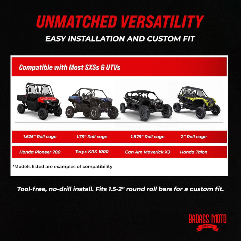 Badass Moto Roll Bar Grab Handles - SXS, ATV, & UTV Grab Handles Grips for 1.5 to 2" Rollbar - Black & Red Hand Grip Grabs with Stainless Steel Buckles for Honda, Teryx, Can-Am, Polaris, More - 2 pack Black 2-PK