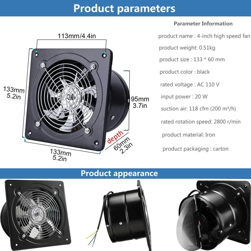 4 inch Exhaust Fan Metal Iron Ventilation Extractor, Silence with Anti-backflow Check Valve Window and Wall Mount Vent Fans for Home Office Kitchen Bathroom Grow Tent Garage Black 4 inch