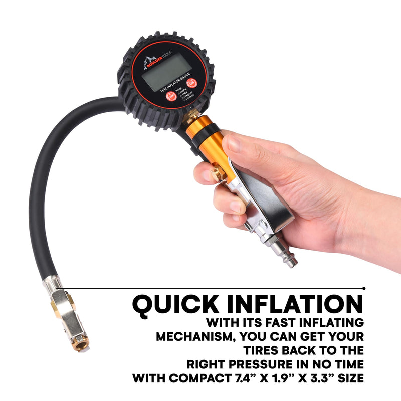 Boulder Tools Tire Pressure Gauge with Inflator - Heavy Duty 0-250 PSI LED Digital Tire Inflator Gauge with Air Chuck Lock, Bleed Valve - Air Compressor Accessories for Car, Motorcycle, Bicycle Tires