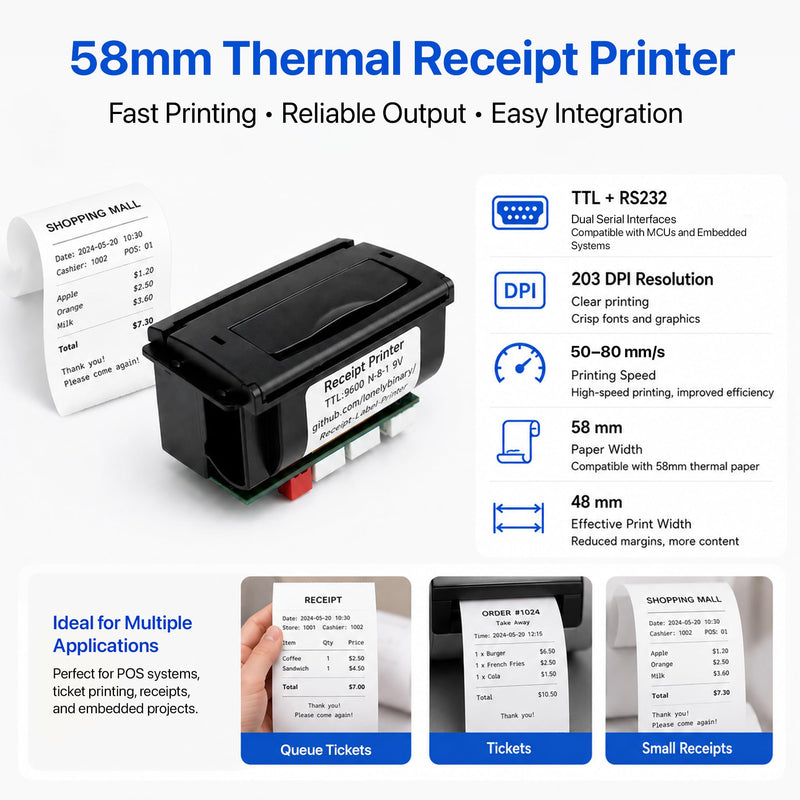 Lonely Binary 58mm Thermal Receipt Printer Kit Type-C for ESP32 & Arduino | USB-C PD 9V powered, single cable; UART TTL & RS232; 203 DPI, 48mm width; Pico, STM32; POS, IoT, taximeter, data logger