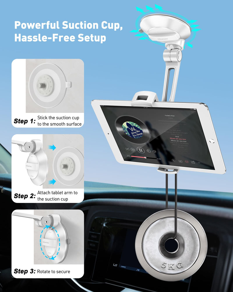 AboveTEK iPad Suction Mount, Phone Tablet Stand Holder with Suction Cup Fits 4"-11" Tablet/Phone/iPad mini/Air, Sticky iPads Mount on Window Bathroom Mirror, for Car Truck Windshield Boat (White) White