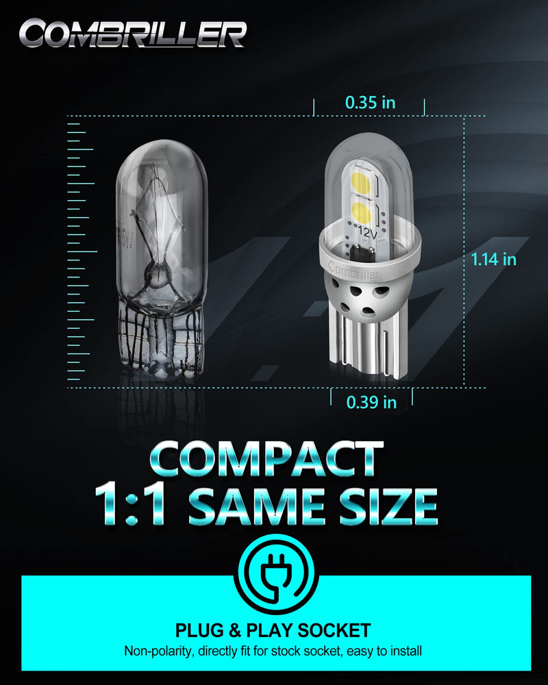 Combriller 194 LED Bulb White 6000K Super Bright 168 2825 W5W T10 LED Bulbs with Protective Cover and Hollow Design Led Replacement Bulbs for Dome Map Door Courtesy Trunk Parking Lights, Pack of 2