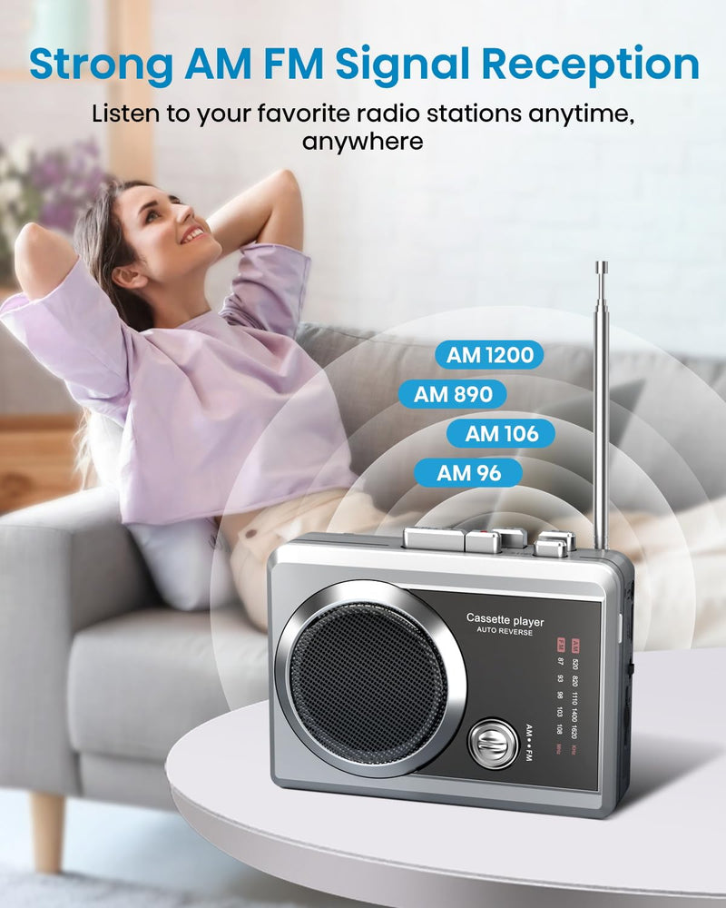 Portable Cassette Player Tape Recorder, Retro AM/FM Radio with Built-in Speaker & Mic, Earphone Jack | Lightweight Tape recording Multiple functions