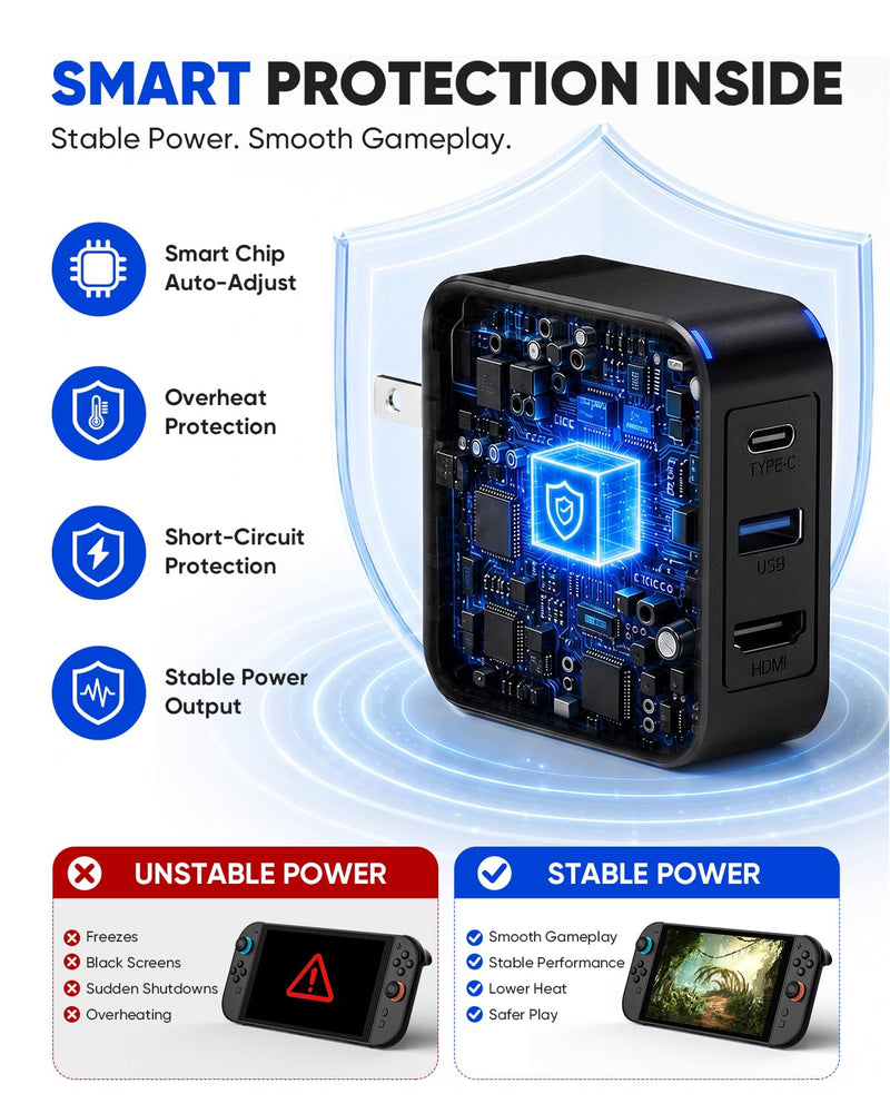 Switch 2 Dock Charger Kit, 65W Portable Docking Station with 4K HDMI Cable | Portable Docking Station Compatible with Switch 2/1/OLED Steam Deck, 4K HDMI cable, USB-C cable, Travel TV Dock for Nintendo Black