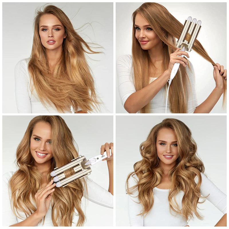  [AUSTRALIA] - flintronic Hair Curler, 3 Barrels Curler Ceramic Curling Iron Wand Hair Wavers with Two Gear Temperature Control, 25mm Curling Tongs Crimping Bubble Styling Tool Gold
