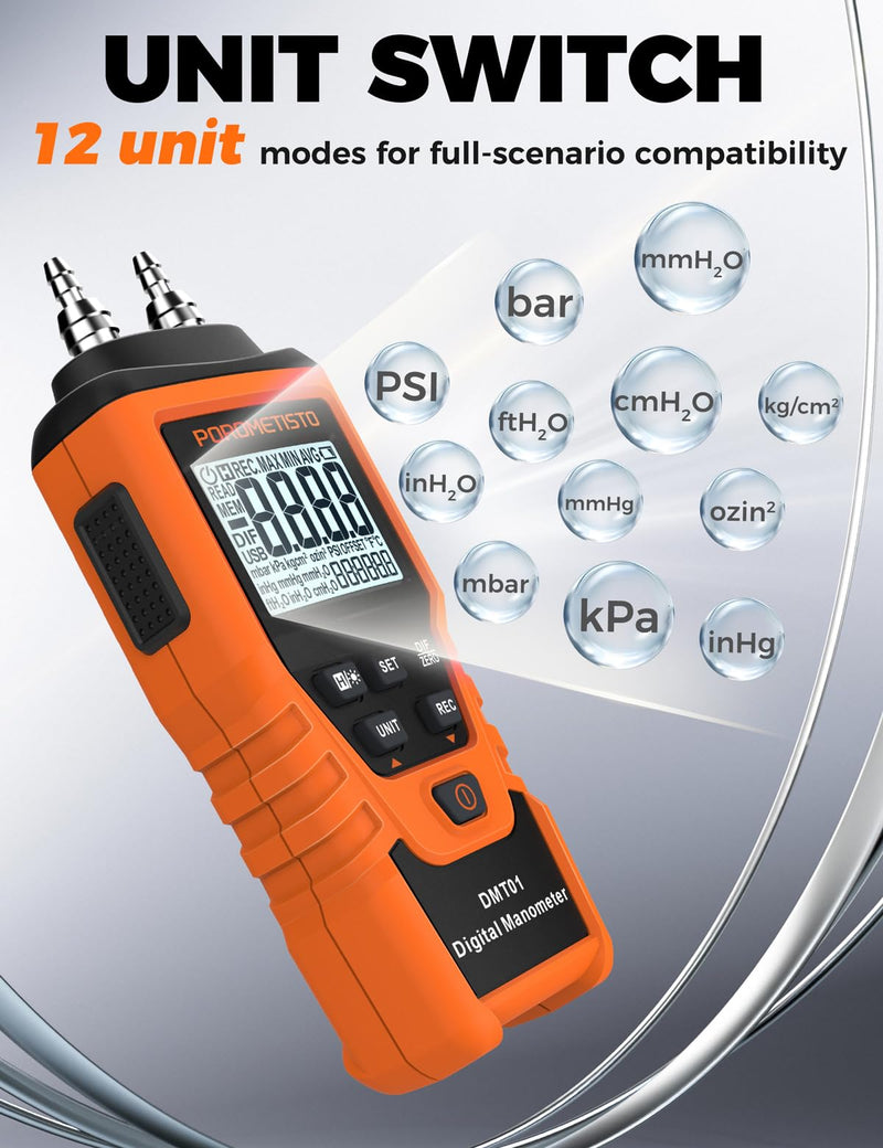 DMT01 Digital Manometer POROMETISTO, Manual Calibration Custom Zero, Real time Measurement, Max/Min/Avg Recording,HVAC Manometer, 12 Units Gas Pressure Tester, Differential Pressure Gauge