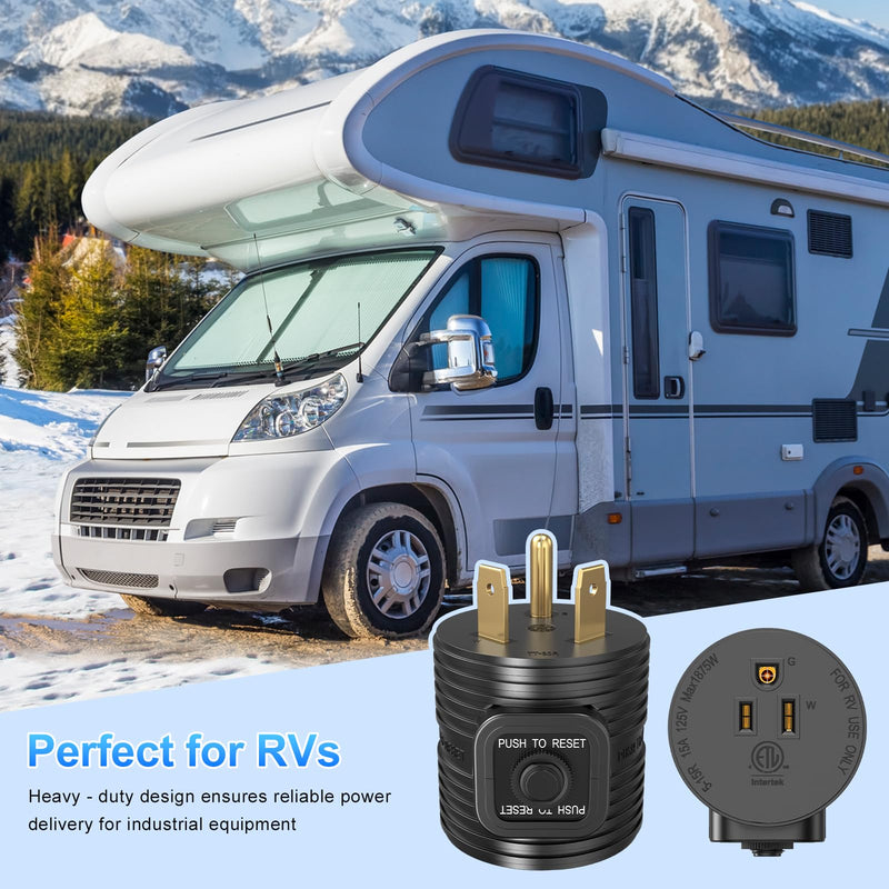 30A to 110 Adapter NEMA TT-30P Male Plug to NEMA 5-15R Female Receptacle with 15A Rated Breaker Grounding House Power to RV Camper ETL Listed