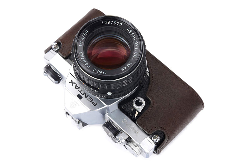 Pentax MX ME Case, BolinUS Handmade Genuine Real Leather Half Camera Case Bag Cover for Pentax MX ME Camera with Hand Strap (Coffee) Coffee