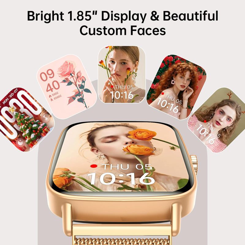 Gydom smart Watches for Women, 1.85" HD Fitness Tracker with Bluetooth Call | 110+ Sports Modes, Heart Rate, SpO2, Sleep & Stress, IP68 Waterproof, 7-10 Day Battery, Android/iPhone, Gold Steel Band Rose Gold 1.85 inches