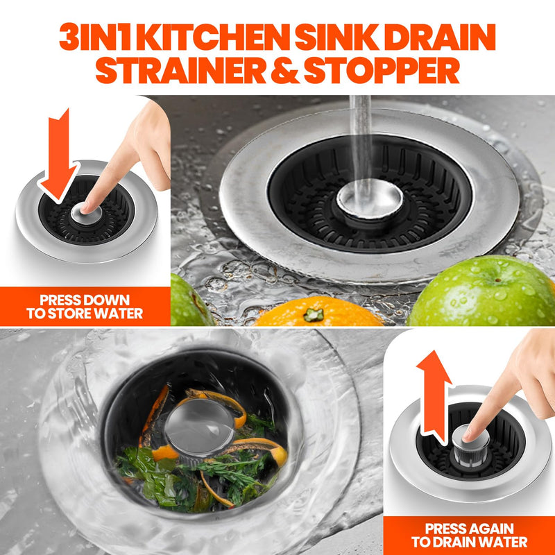 Sink Drain Strainer - Sink Stopper, 3-in-1 Kitchen Stainless Steel Drain Plug with Anti-Clog Basket, Pop-Up Cover Fits Standard 3-1/2” Openings for Double Bowl Kitchen Sinks,Black