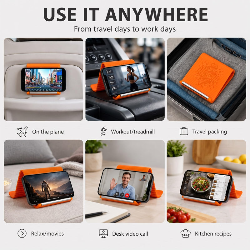 Airplane Phone Holder, Foldable Silicone Aluminum Phone Holder | Textured Non-Slip Surface Flexible Silicone Tablet Stand 0.12" Ultra-Thin Desktop Mount for Home Office Desk Travel Treadmill A-Orange-1PCS