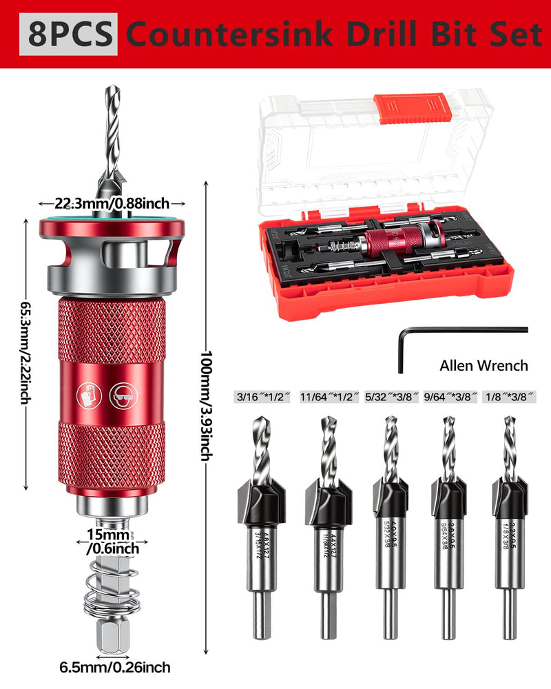 8PCS Upgrade Countersink Drill Bits Set, Quick-Adjust Two Flute TCT Alloy Tapered Counterbore with Adjustable Depth Stop Collar, Wood Countersink Drill Bit with Wrench for Woodworking Plywood MDF DIY 8PCS Quick-Adjust