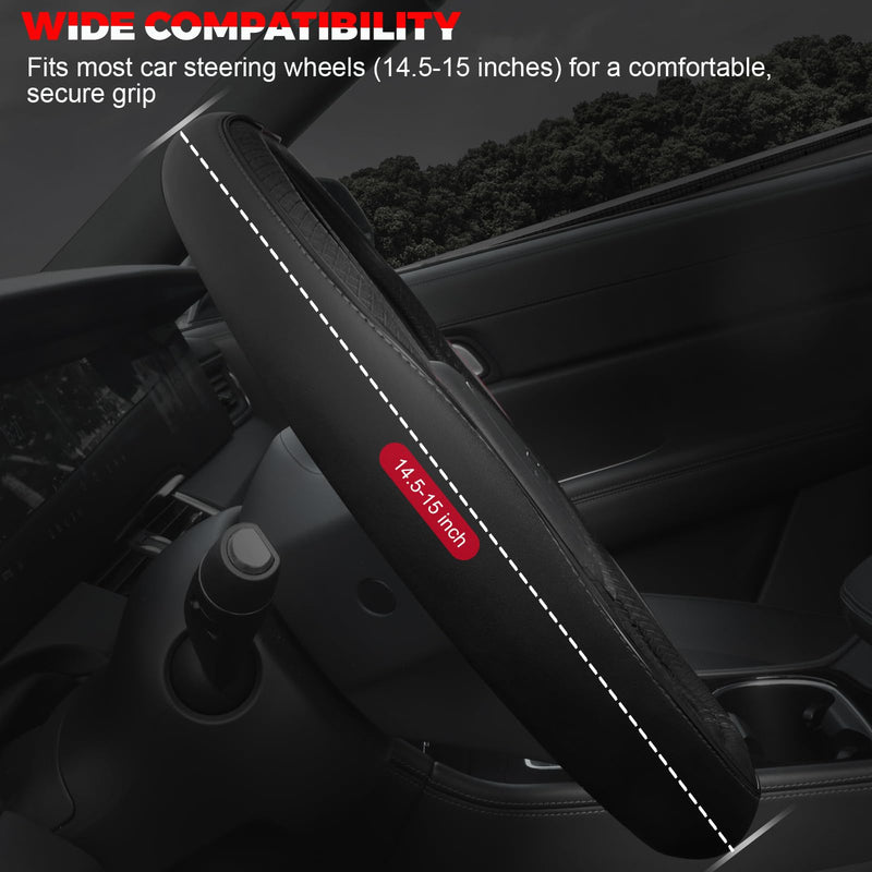 Ouzorp Car Steering Wheel Cover, Microfiber Leather Steering Wheel Covers with Anti-Slip Lining, Universal 14.5-15 inchs Black Black,Medium(Standard) Size[14.5"-15"]