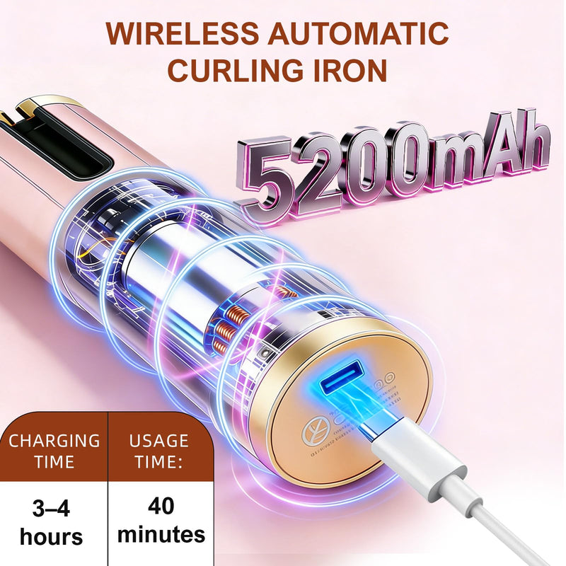 Hair Curler Cordless Automatic Rotating Rechargeable Anti-Scald Rose Gold | Cordless Ceramic Curling Iron|6 Temperature Settings|Compact Rechargeable Automatic Curling Iron for Travel & Outdoor Use