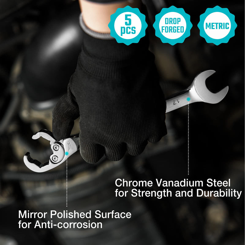 DURATECH Ratcheting Flare Nut Wrench Set, Open End Wrench Set, Metric, 5-Piece, 10, 12, 13, 14, 17mm, CR-V Steel, Organizer Pouch Included