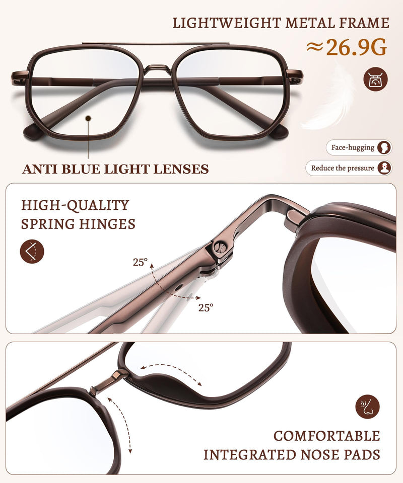 Aviator Blue Light Blocking Glasses for Women Men Trendy Metal Frame Computer TV Eyeglasses Anti Eyestrain Coffee/Brown clear