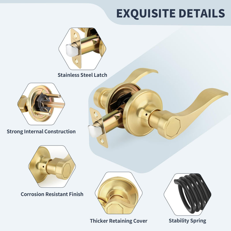 Wave Style Door Lever, Brushed Gold Passage Door Handle, Keyless Gold Interior Lever Reversible for Left/Right Handed for Hallway and Closet with Satin Brass Finish, 1 Pack Passage (No Lock & keys)