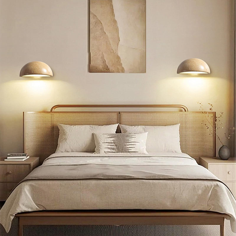 Wabi Sabi Art Lighting Fixture, Modern Marble Semi Circle Yellow Travertine Wall Sconce, Japanese Style Natural Stone Lampshade Bedside Wall Light for Bedroom Kitchen Foyer Entryway Stairs