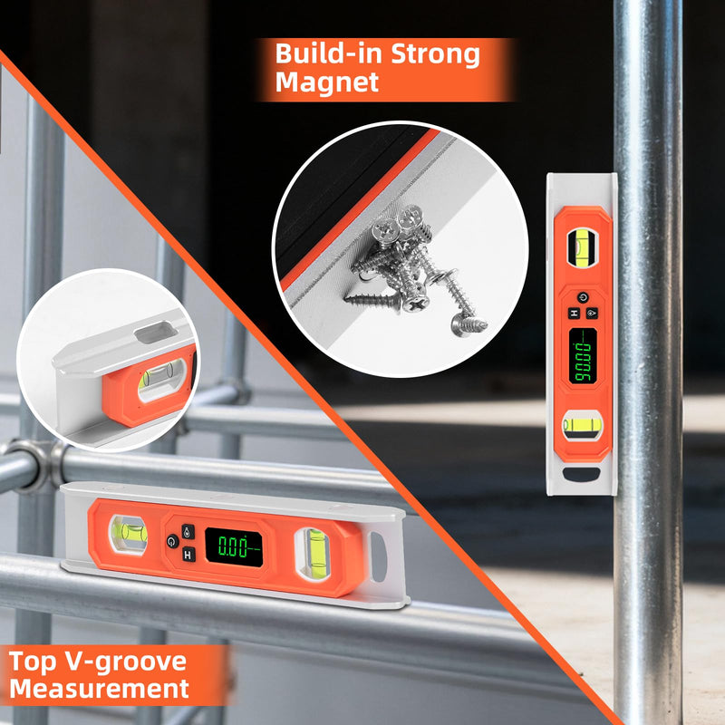 9 Inch Digital Level with LCD Display - Aluminum Angle Finder 90°/180°Bubbles with Auto Ligth Up Function, Torpedo Level with Magnetic V-Groove for Woodwork, Saw & Home Drainage Leveling.