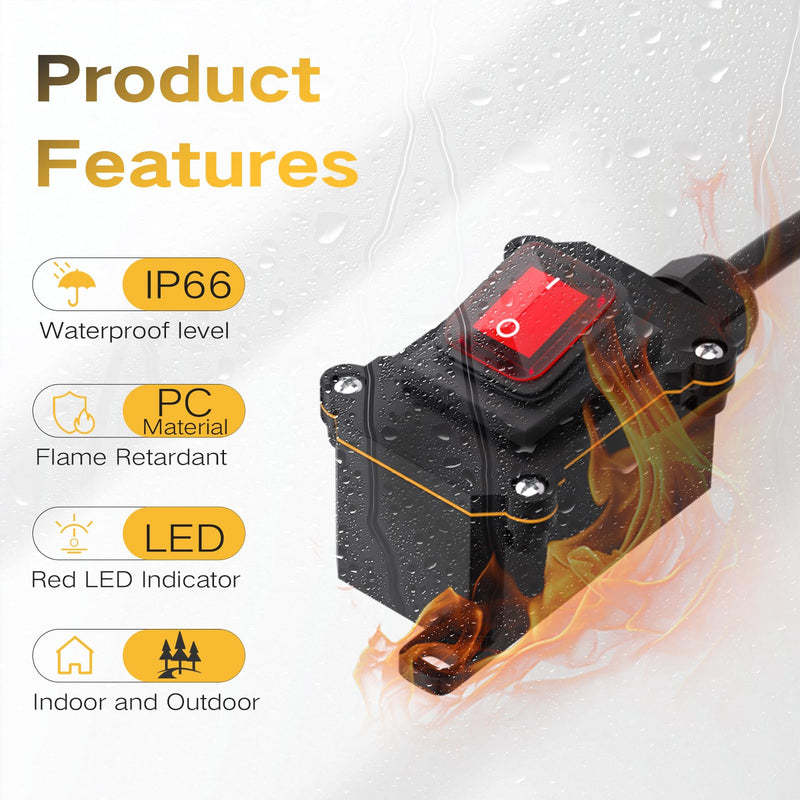 STARELO Extension Cord with on/Off Switch, IP66 Waterproof,Inline Power Switch with 15FT 16AWG Cable Piggyback Plug(3-Pronged), Outdoor Power Switch AC/DC 20A-125V, 16A-250V, Red Light Rocker Button