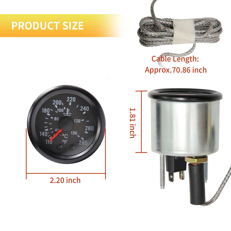 2" (5.2cm) Water Temperature Gauge Mechanical Water Temperature 12V Temperature Gauge Yellow Light Automotive Gauge with Sensor NPT1/2 Reading Range: 40-130℃ / 110-265℉