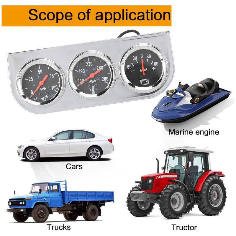 Triple Gauge Set, 2in Triple Gauge Set Water Temp Oil Pressure AMP Meter Universal for 12V Car Boat Truck