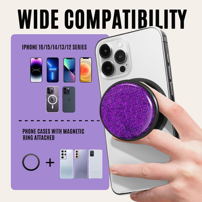 for MagSafe Phone Grip,Soft Silicone Magnetic Collapsible Cell Phone Finger Grip for iPhone 17/16/15/14/13,12 and Smartphones Tablets - Purple Glitter