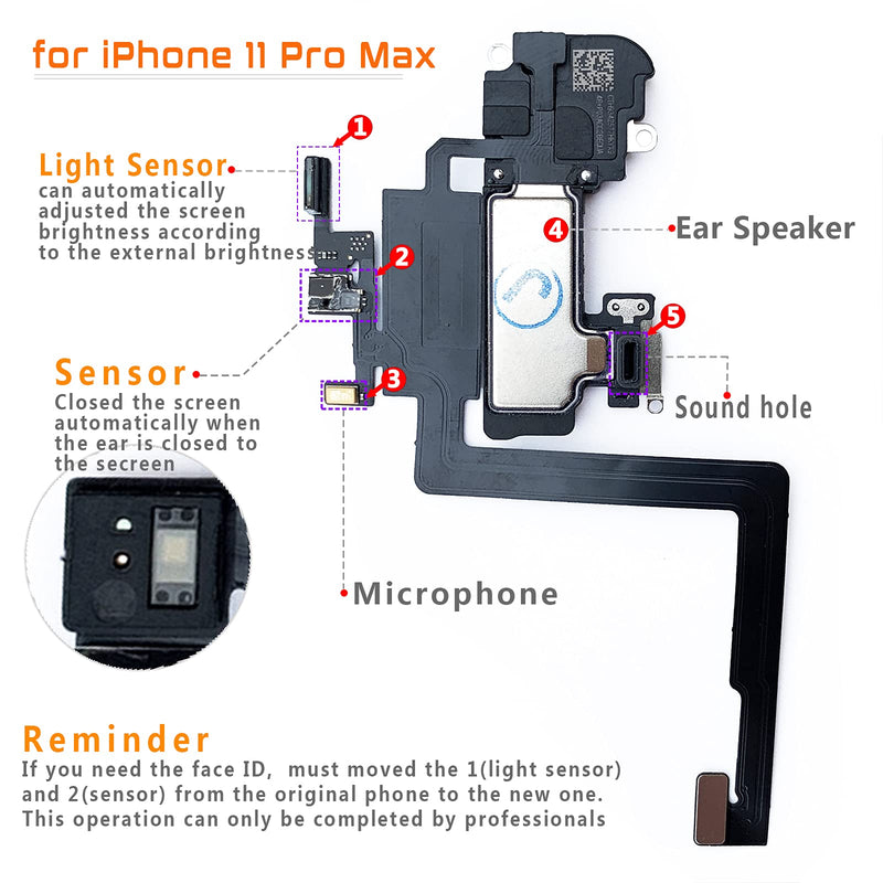 Johncase Ear Speaker Light Proximity Sensor Flex Cable W/Mic Compatible for iPhone 11 Pro Max 6.5"