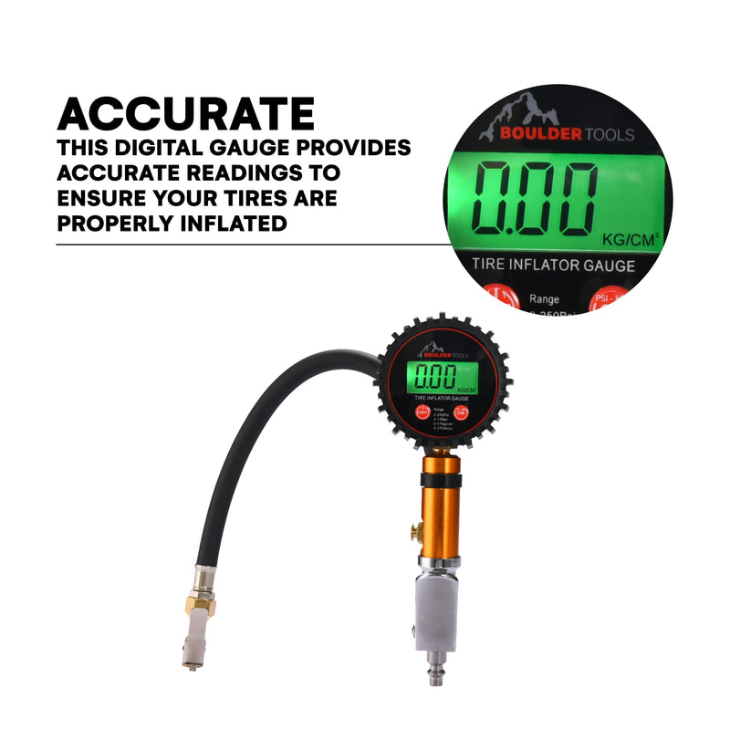 Boulder Tools Tire Pressure Gauge with Inflator - Heavy Duty 0-250 PSI LED Digital Tire Inflator Gauge with Air Chuck Lock, Bleed Valve - Air Compressor Accessories for Car, Motorcycle, Bicycle Tires