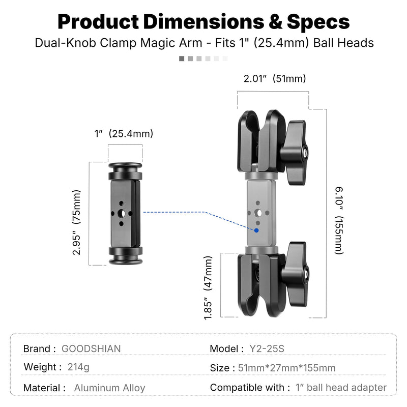 Dual Socket Extension Arm 1 Inch Ball Mount Adapter