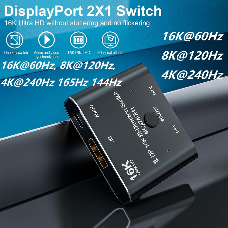 Displayport Splitter 16K DP Displayport Switch, Bi-Direction 2 in 1 Out Displayport Splitter Bi Directional 8K@120Hz 4K@240Hz, Displayport Switcher 1 in 2 Out 16K DP Video Converter