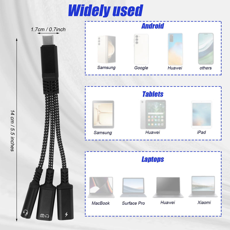 3-in-1 Type-C 3mm Headphone & Charger Adapter, Aux Splitter with 60W PD Fast Charging Compatible with Android Google Huawei Samsung iPad MacBook Surface Pro Xiaomi