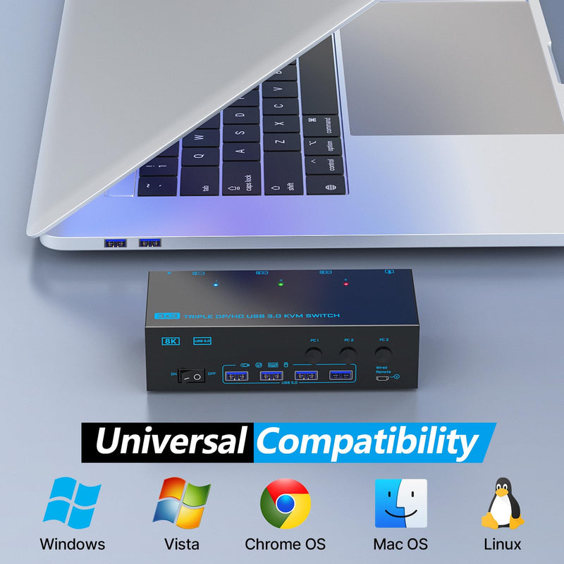 KVM Switch 3 Monitors 3 Computers, ANXQQ 8K@60Hz 4K@144Hz Triple Monitor KVM, HDMI + Displayport KVM Switch with 4 USB 3.0 Ports, 3 Monitor KVM with Power Adapter and Wired Remote 3 Computers 3 Monitors