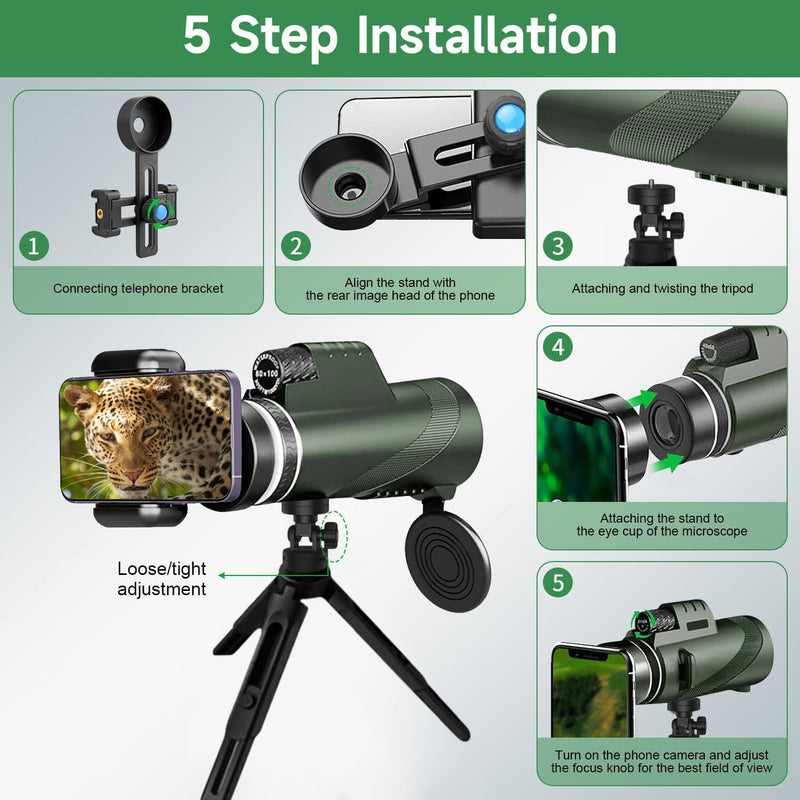 Monocular-Telescope 80x100 High Powered Monoculars High Definition forAduts High Powered with HD BAK4 Prism Smartphone AdapterTelescope Bird Watching Travel Camping Hiking-Green 1