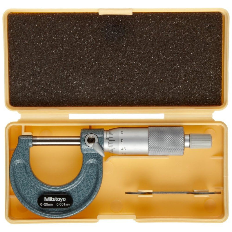 Mitutoyo 103-129 Outside Micrometer, Baked-enamel Finish, Ratchet Stop, 0-25mm Range, 0.001mm Graduation, +/-0.002mm Accuracy | Baked-enamel Finish, Ratchet Stop, 0.001mm Graduation, +/-0.002mm Accuracy