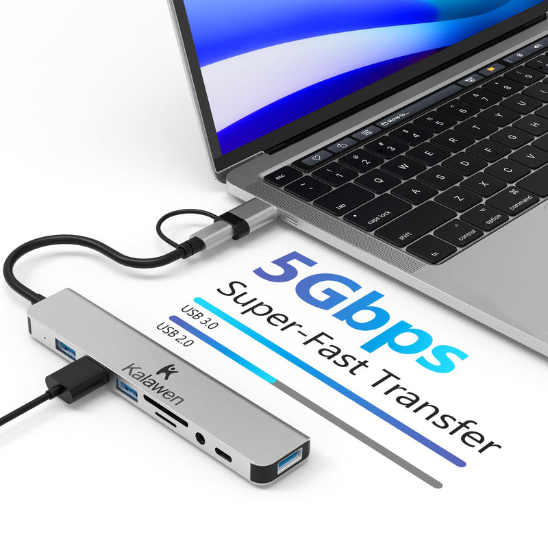 Kalawen USB C Hub USB Hub 3.0, Aluminum 8 in 1 USB Splitter with 1 x USB 3.0, 3 x USB 2.0 and 1 x USB C, SD/TF Card Reader, 3.5mm Aux Ports for MacBook/Pad Pro/Dell/HP Laptop Devices