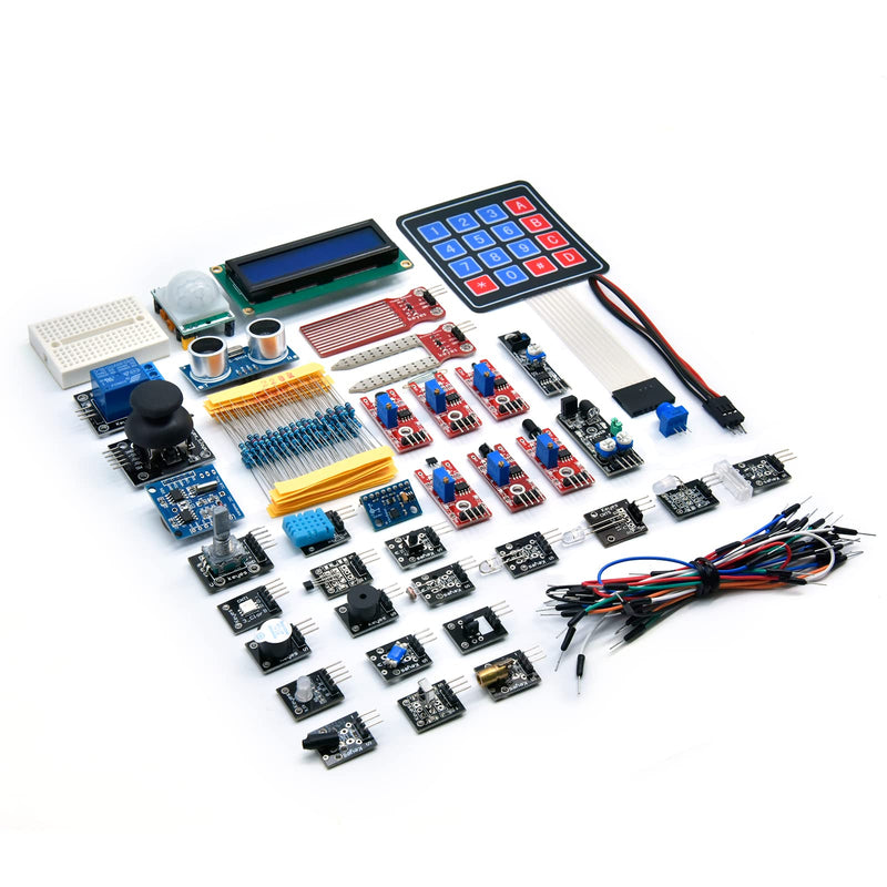 KEYESTUDIO 37 in 1 Sensor Kit for Arduino with Tutorial,Sensors Modules Compatible for Arduino and Raspberry Pi Programming,Active Buzzer/5V Relay/Temperature and Humidity Module etc.