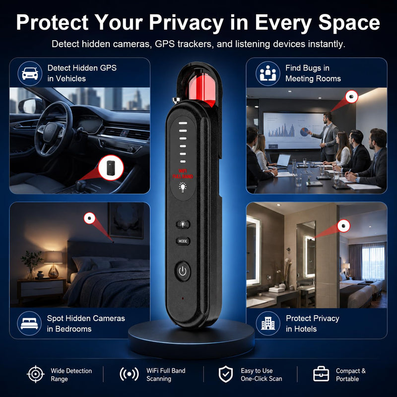 Hidden Camera Detector 6-in-1, Anti Spy Camera Finder with GPS Tracker Detection, RF Signal Scanner, Rechargeable Bug Detector for Hotel, Travel, Home, Office, Car Privacy Protection Black